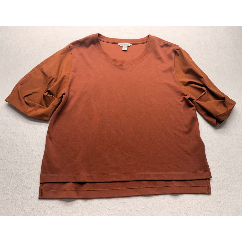 Athleta Women L Burnt Orange Mixed Media Short Sleeve High Low Top Rust Large